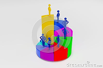 3d Human Figures On Multi Colored Pie Chart Over Desk. 3d rendering Stock Photo