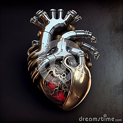 3D human heart with golden accents on dark background Stock Photo