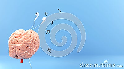 3D Human Internal Organ Brain With Earphone, Music Notes And Copy Space On Blue Stock Photo