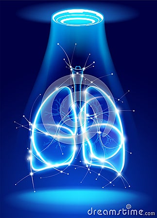 3D human lung illustration made up of glowing white curves on a blue background with glowing dots representing medical technology Vector Illustration