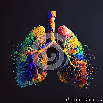 3D Human Lung Illustration in Smoked Iron, Metal, Gold and Wood on Isolated Dark Background Cartoon Illustration