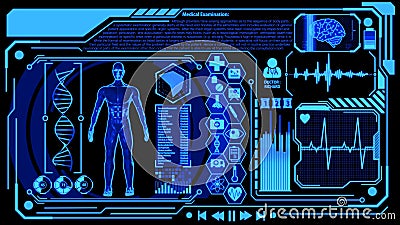 3D Human Model Rendering Rotating in Medical Futuristic HUD Display Screen including Digital Brain Scan and Icons Ver.1 Full Stock Photo