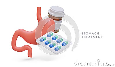 3D human stomach, jar with pills, blister with capsules. Medicines for stomach Vector Illustration