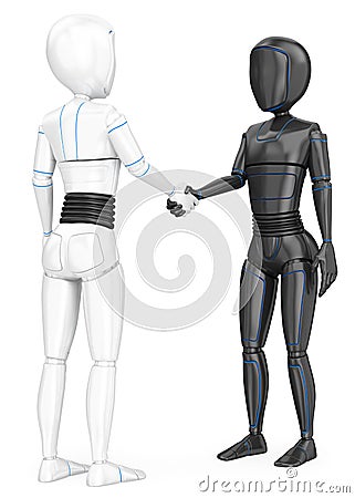 3D Humanoid robot shaking hands with another robot Cartoon Illustration