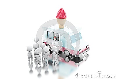 3d Ice cream food truck with white people waiting in line Cartoon Illustration