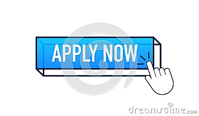3d icon with blue apply now button on yellow background. 3d illustration. Pointer click. Red background. Cursor icon. Vector Illustration