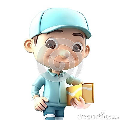 3d icon cute. Smiling cartoon korean man in uniform standing with parcel, boxes, delivery, transportation, transportation to Stock Photo