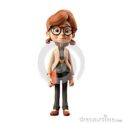 3d icon cute Young smiling business woman or office worker stands and holds work documents folder. people character illustration. Cartoon Illustration