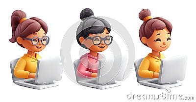 3d icon female programmers collaborating, typing code on laptops, representing diversity and professional teamwork with Stock Photo