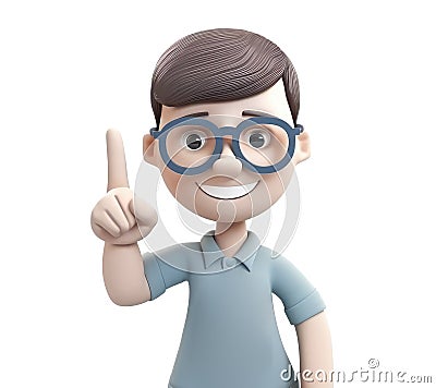 3D icon people kawaii cartoon of a smiling man points with index finger. Bright portrait of a teenage character isolated Stock Photo