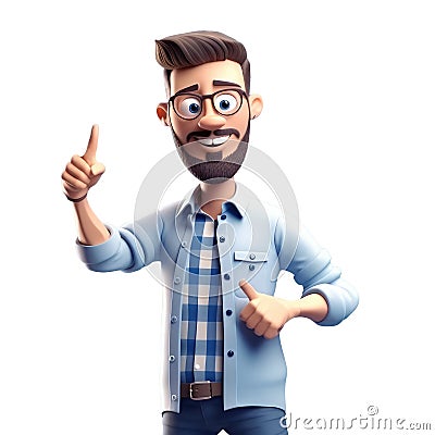 3D icon people kawaii cartoon of a smiling man points with index finger. Bright portrait of a teenage character isolated Stock Photo