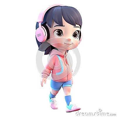 3d icon people kawaii illustration. A casual young girl walks around wearing headphones. Listen to music. Bright portrait of a Cartoon Illustration