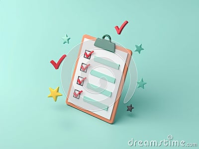 A 3D icon of a task checklist with floating checkmarks, minimalist design, productivity theme Stock Photo