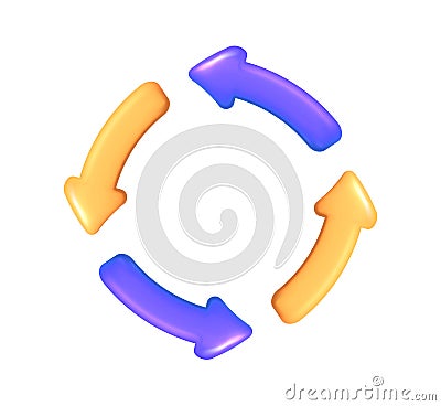 3d icon vector yellow and purple four round cycle arrows. Mesh concept of reload files or information. Round reboot Vector Illustration