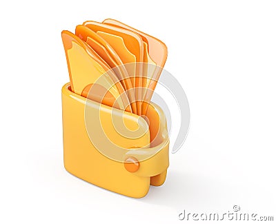 3d icon of wallet full of money on a white background. Cartoon Illustration