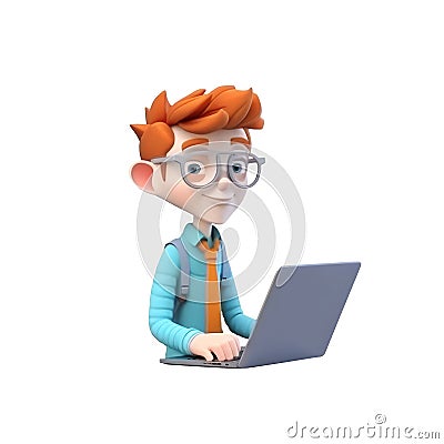 3D icon Young business man working with his laptop in the office or home, employee, freelancer programmer cartoon close up Stock Photo