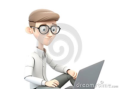 3D icon Young business man working with his laptop in the office or home, employee, freelancer programmer cartoon close up Stock Photo