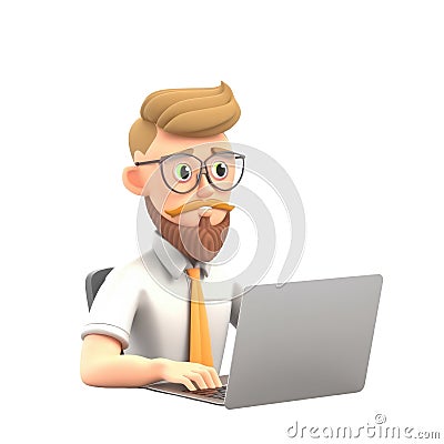 3D icon Young business man working with his laptop in the office or home, employee, freelancer programmer cartoon close up Stock Photo