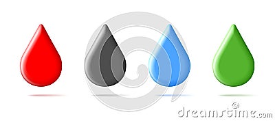 3d icons of drops, glossy volume shapes in different colors like water blood and oil and eco green Vector Illustration