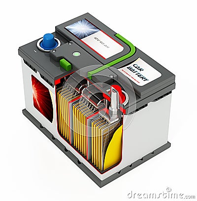 3D illlustration of a generic car battery showing a portion of the battery interior structure Stock Photo