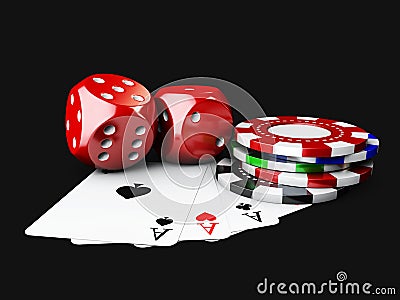 3d Illustartion of casino Dices, Play Card and Poker Chips. isolated black Stock Photo