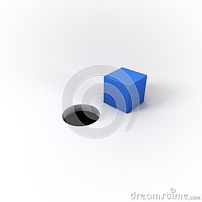 3D Illustrated Blue Square Peg and a Round Hole on a Bright Whit Stock Photo