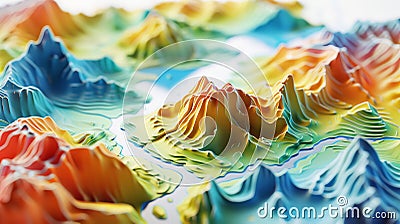 A 3D illustrated colorful landscape model with mountains, valleys Stock Photo