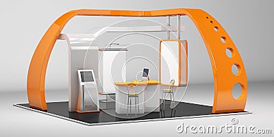 3d Illustrated unique creative exhibition stand display design with table and chair, info board, roll up. Stock Photo