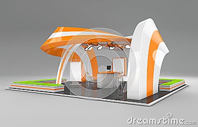 3d Illustrated unique creative exhibition stand display design with table and chair, info board, roll up Stock Photo