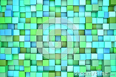 3d illustration: abstract background, colored blocks green - blue color. Range of shades. Wall of cubes. Pixels art. Cartoon Illustration