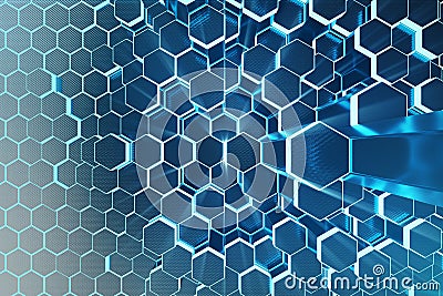 3D illustration Abstract blue of futuristic surface hexagon pattern with light rays. Blue tint hexagonal background. Cartoon Illustration