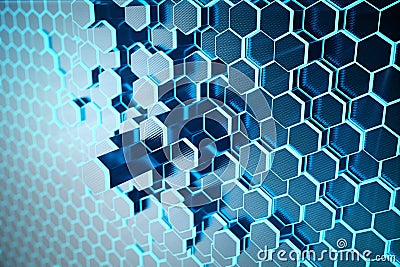 3D illustration Abstract blue of futuristic surface hexagon pattern with light rays. Blue tint hexagonal background. Cartoon Illustration