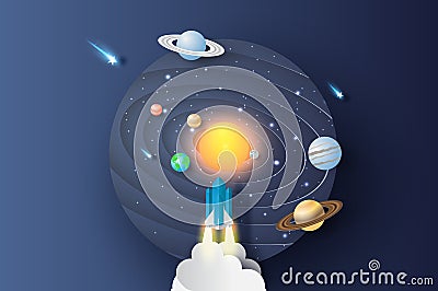 3D illustration of Abstract curve wave with launch rocket Startup for Solar system circle.Galaxy space exploring with satellite Vector Illustration