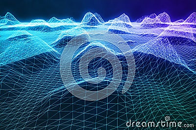 3D illustration abstract digital wireframe landscape. Cyberspace landscape grid. 3d technology. Abstract internet Cartoon Illustration