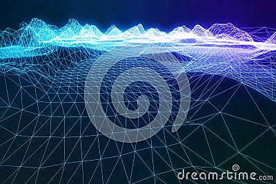 3D illustration abstract digital wireframe landscape. Cyberspace landscape grid. 3d technology. Abstract internet Cartoon Illustration