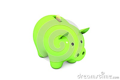 3d illustration: Acid green piggy bank with golden copper coin on a white isolated background Cartoon Illustration