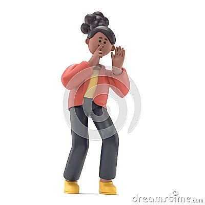 3D illustration of african woman Coco in an eavesdropping posture. 3d image.3D rendering on white background Cartoon Illustration
