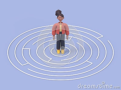 3D illustration of african woman Coco standing in the center of a maze.artwork concept depicts challenge, finding the way out, Cartoon Illustration