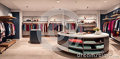 A clothing store with a circular counter and shelves created with Generative AI technology Stock Photo