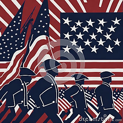 Ai generated American soldiers marching in front of a waving American flag Stock Photo