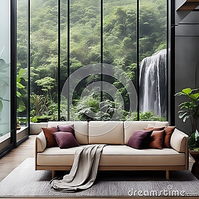 Ai generated a modern living room featuring a stunning indoor waterfall and comfortable couch Stock Photo