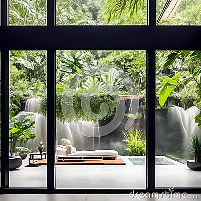 Ai generated a modern living room with stunning waterfall views through large windows Stock Photo