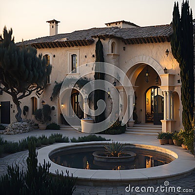 Ai generated a grand house with a beautiful fountain in the foreground Stock Photo