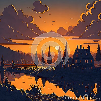 Ai generated a picturesque sunset over a serene lake Stock Photo