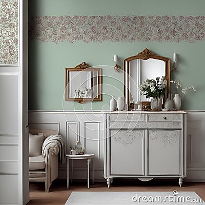 Ai generated a cozy bedroom with a vintage dresser, mirror, and comfortable chair Stock Photo