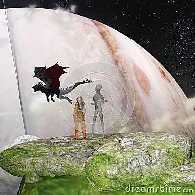 Illustration of an alien and an astronaut looking at flying dragon against a rising planet Cartoon Illustration