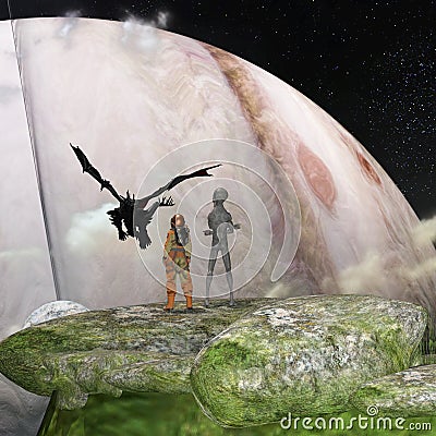 Illustration of an alien and an astronaut looking at flying dragon against a rising planet Cartoon Illustration