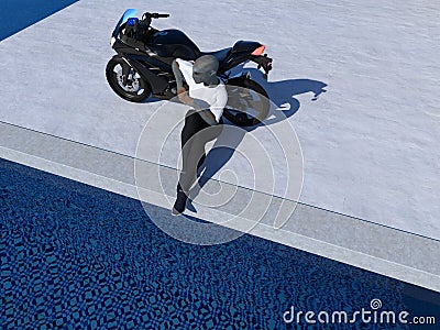 3d Illustration of an alien leaning on a motorcycle next to a pool Stock Photo