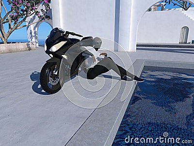 3d Illustration of an alien leaning on a motorcycle next to a pool at a resort Stock Photo