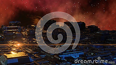 alien sci-fi city with optical flares Cartoon Illustration